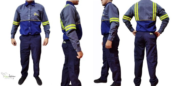 uniforme laboral completo para electricista compuesto por camisa manga larga con cintas reflectivas y pantalón cargo 